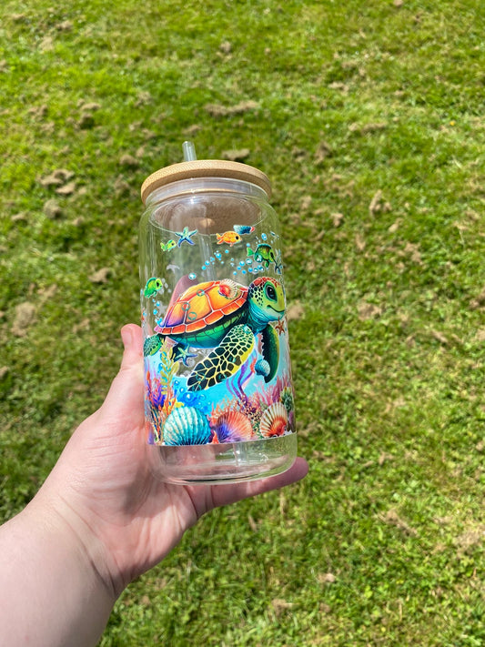 16oz Glass Can Turtle Design