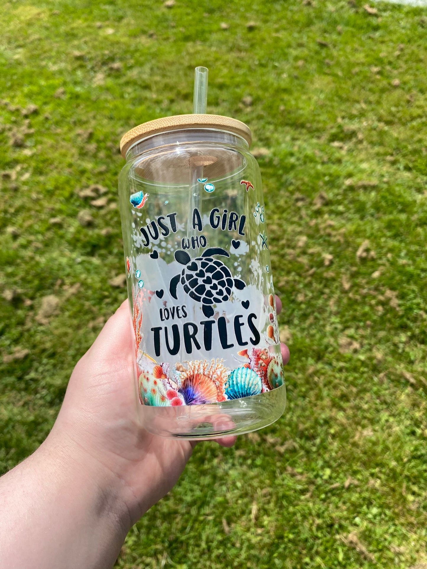 16oz Glass Can Turtle Design