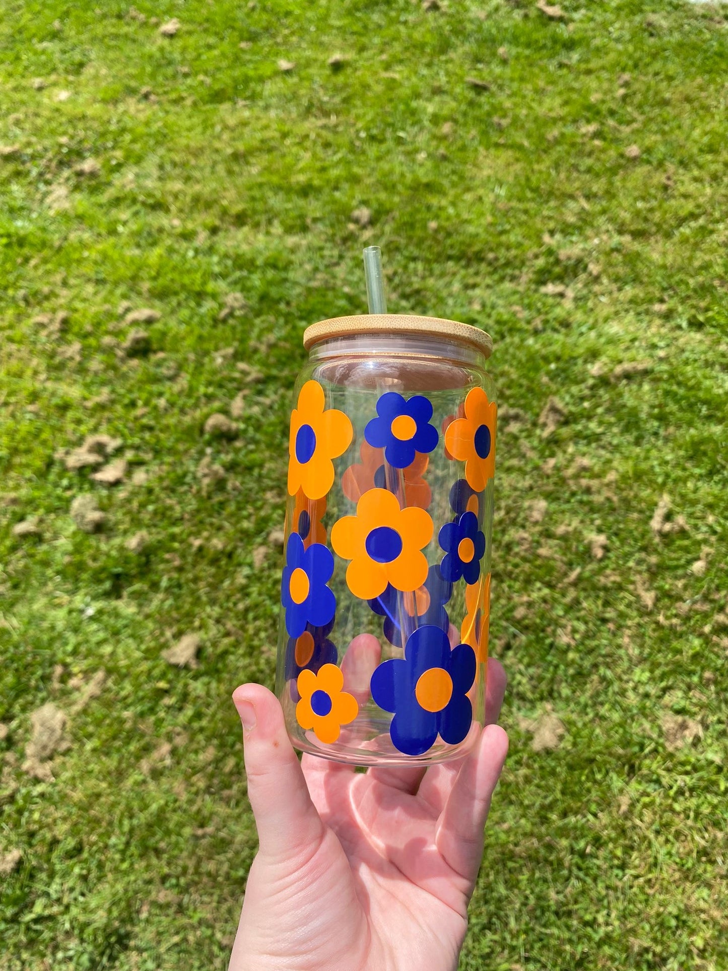 16oz Glass Can Flowers Design